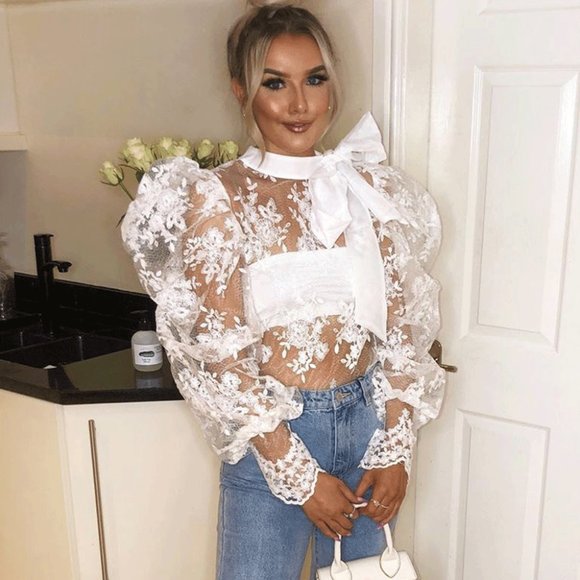 White Lace Long Puff Sleeve Pussy Bow Tie Blouse - Picture 2 of 9